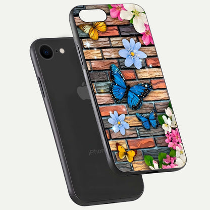 Brick Bloom Flight Glass Case for iPhone 8 floating mockup displaying gloss reflection and pattern vibrancy