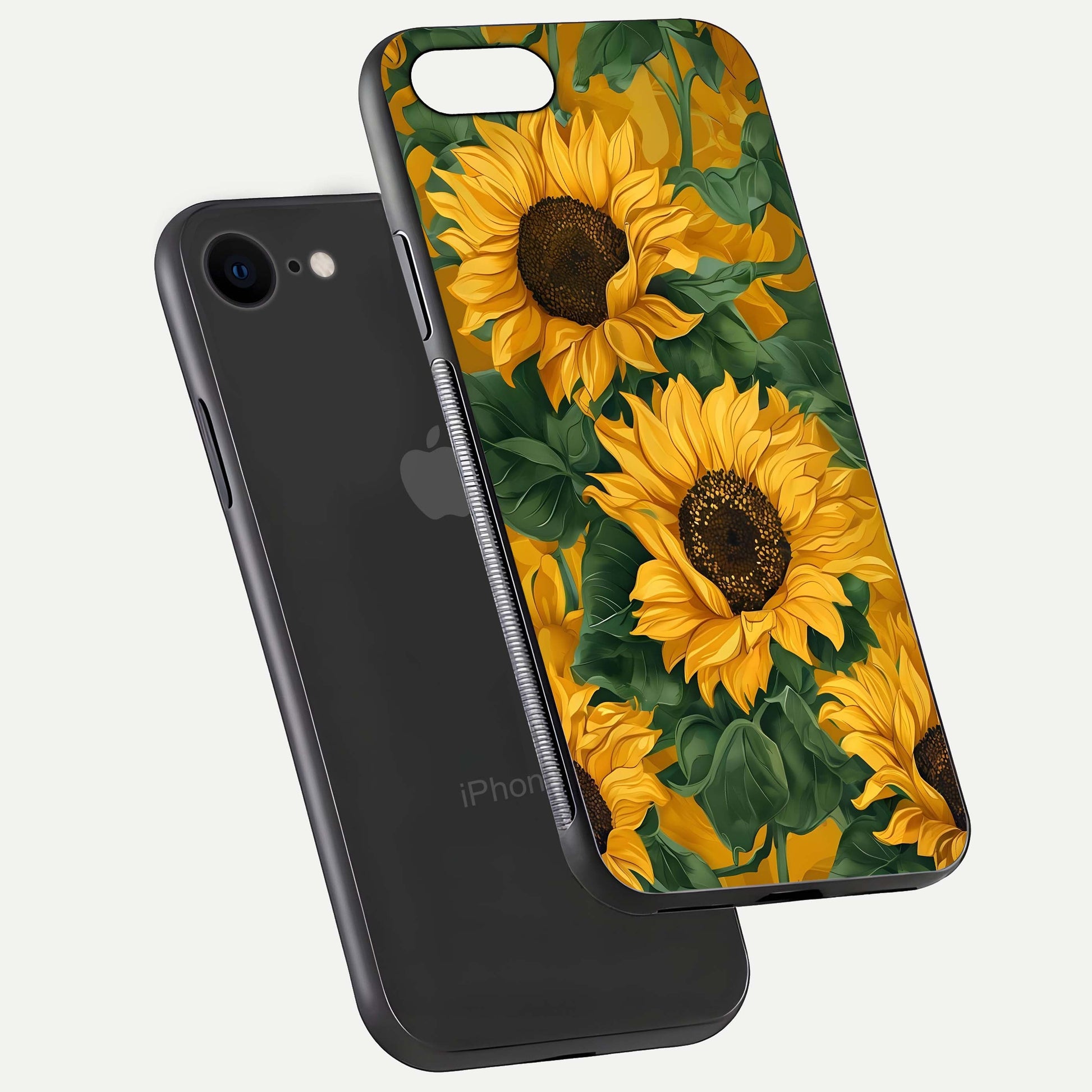 Bright Sunflower Bloom Glass Case for iPhone 8 floating mockup capturing vibrant tones and gloss surface