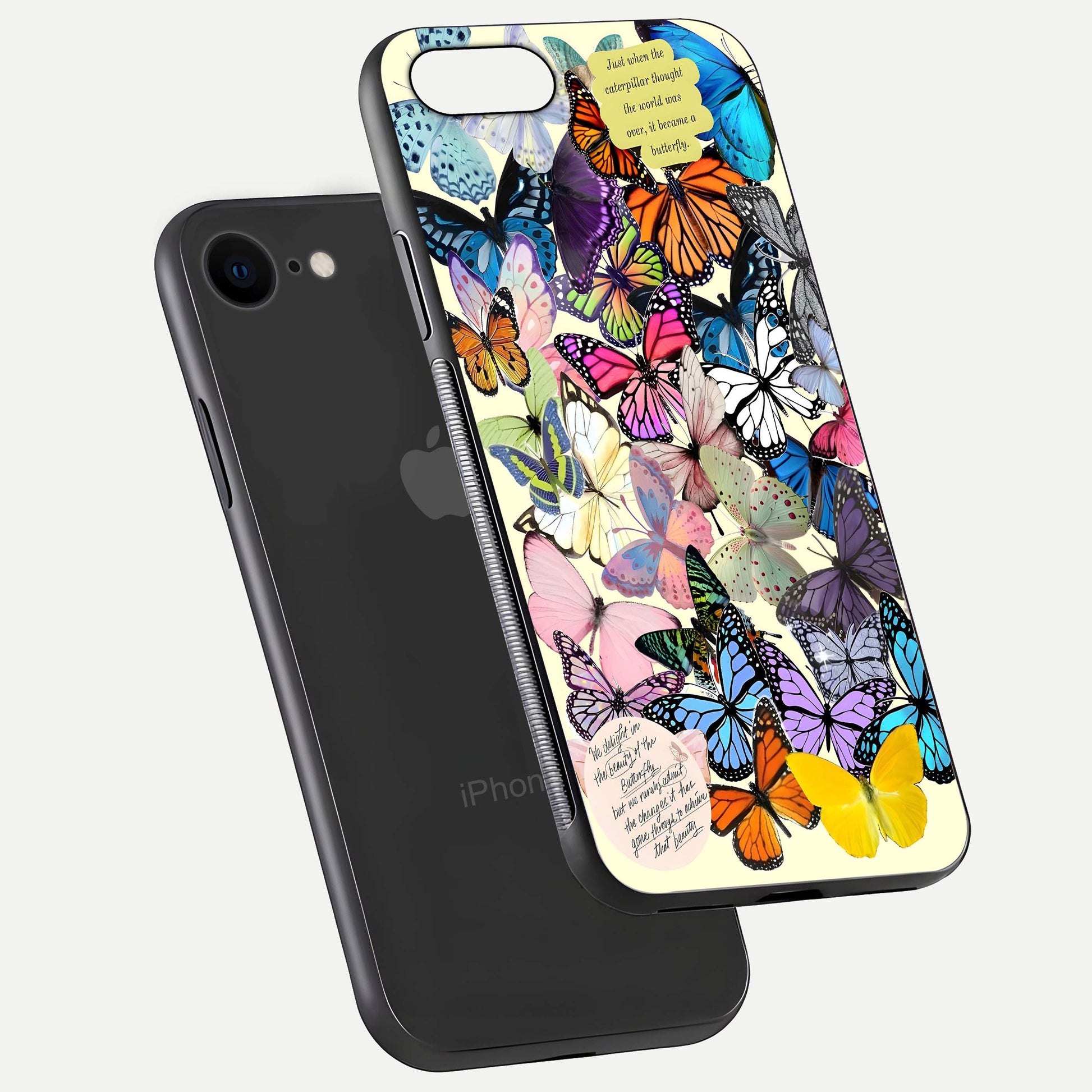 Butterflies Petal Dream Glass Case for iPhone 8 floating mockup displaying detailed print and premium glass glow