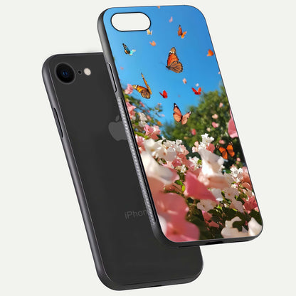 Butterflies in Bloom Sky Glass Case for iPhone 8 floating mockup capturing butterfly motion and edge design