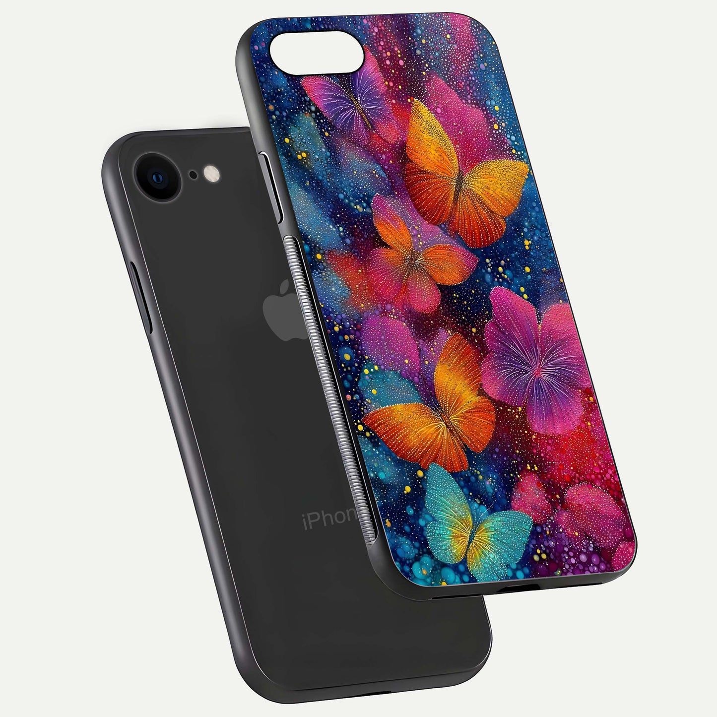 Butterfly Dream Mist Glass Case for iPhone 8 floating mockup displaying glass shine and ethereal art depth