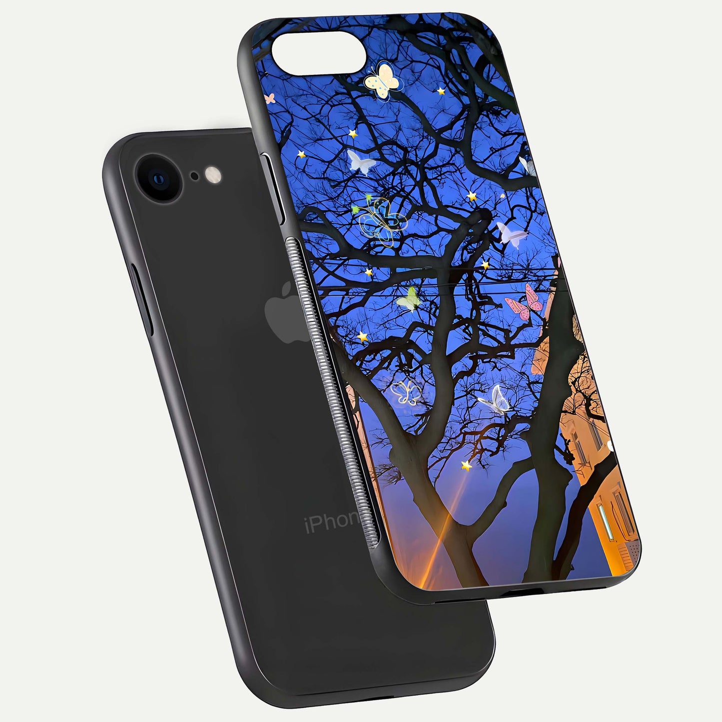 Butterfly Night Magic Glass Case for iPhone 8 floating mockup showing night glow and smooth polish
