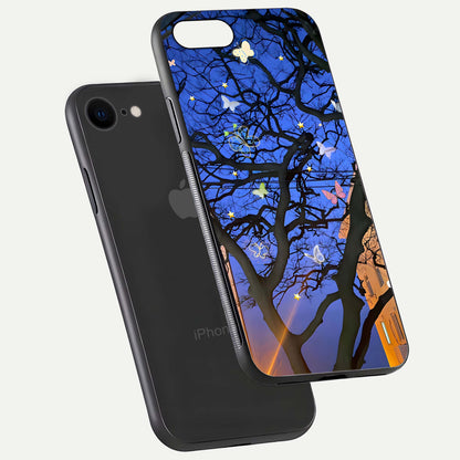 Butterfly Night Magic Glass Case for iPhone 8 floating mockup showing night glow and smooth polish