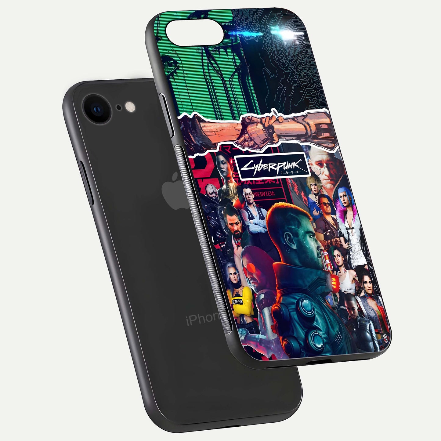 CYBERPUNK Legacy Glass Case for iPhone 8 floating mockup showing HD gloss and neon glow detail