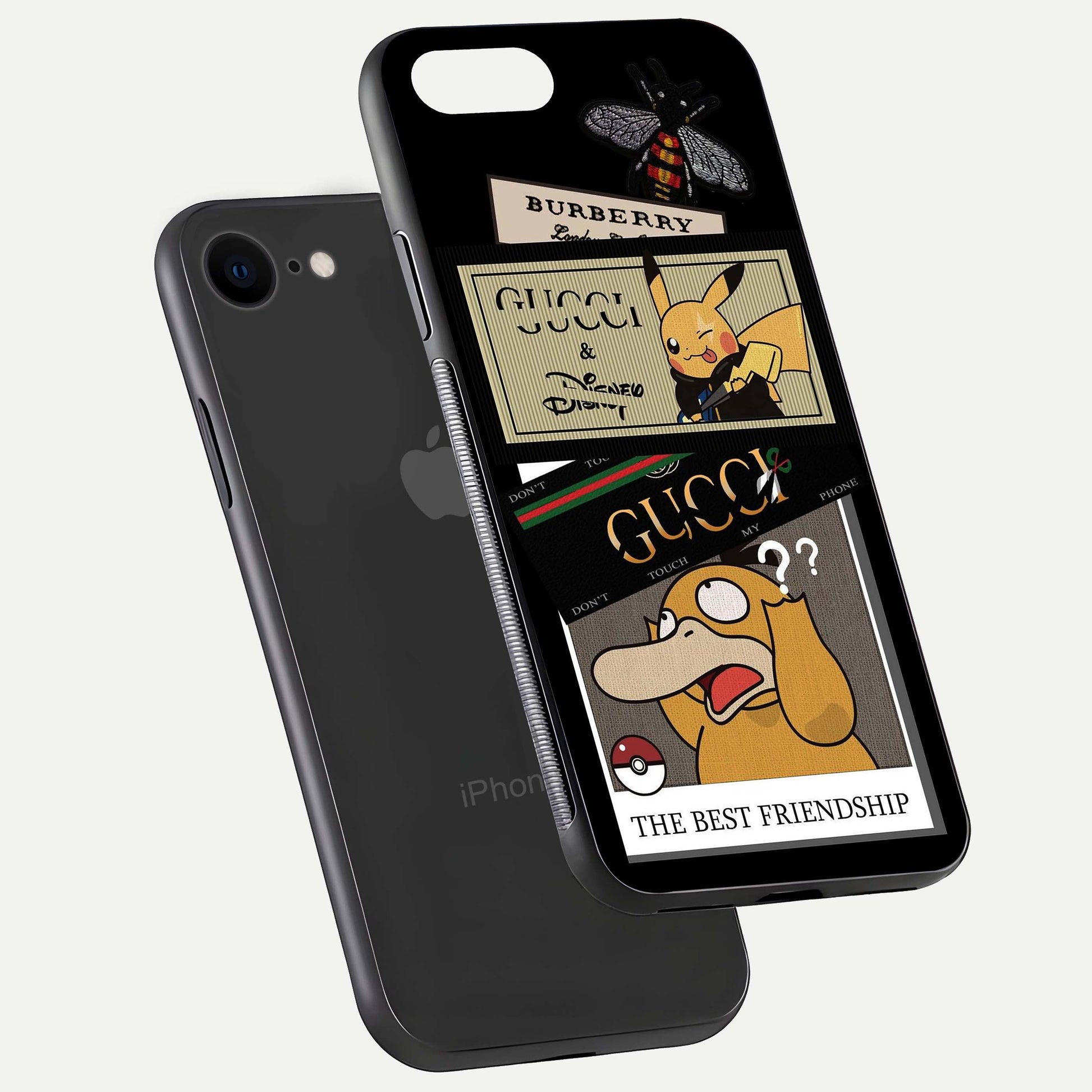 Cartoon Brand Play Mashup Glass Case for iPhone 8 floating dual-view mockup showing gloss surface and vivid reflection