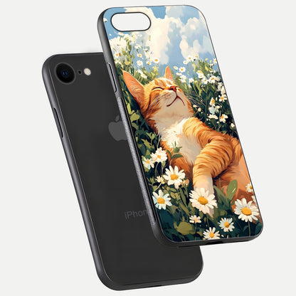 Cat & Flowers View Glass Case for iPhone 8 floating mockup showing design reflection and protective edges
