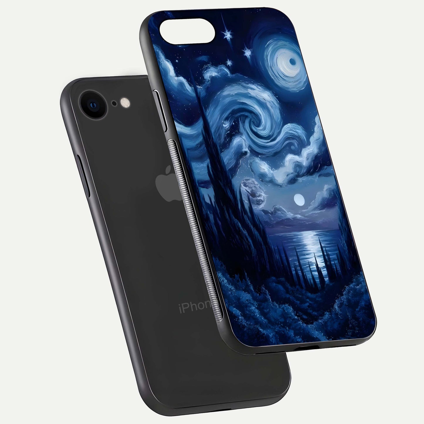 Celestial Dream Van Gogh Glass Case for iPhone 8 floating mockup highlighting cosmic tones and smooth gloss