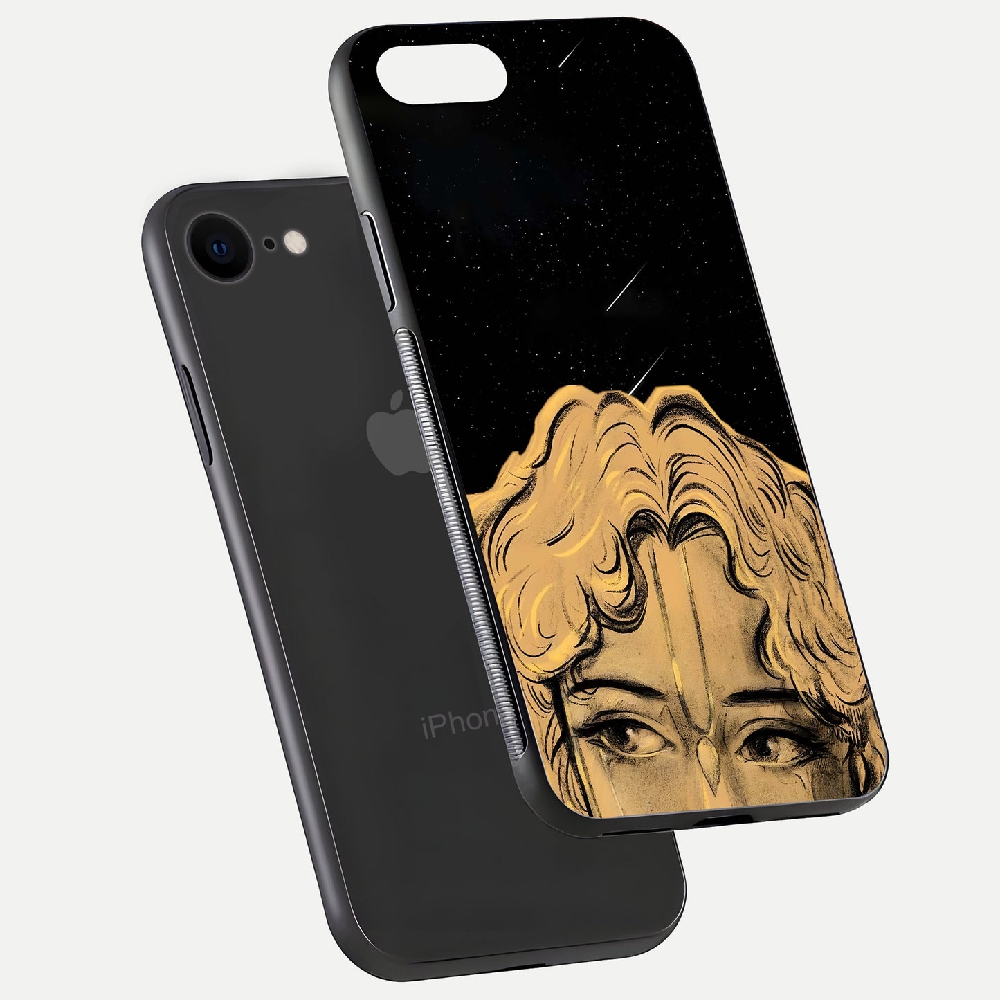 Celestial God’s Plan Glass Case for iPhone 8 floating dual-view mockup displaying gloss surface and vivid print