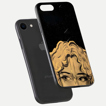 Celestial God’s Plan Glass Case for iPhone 8 floating dual-view mockup displaying gloss surface and vivid print