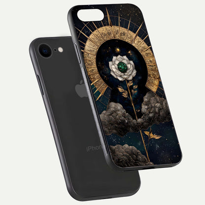 Celestial Lotus Morang Glass Case for iPhone 8 floating mockup showing gloss depth and cosmic lotus glow