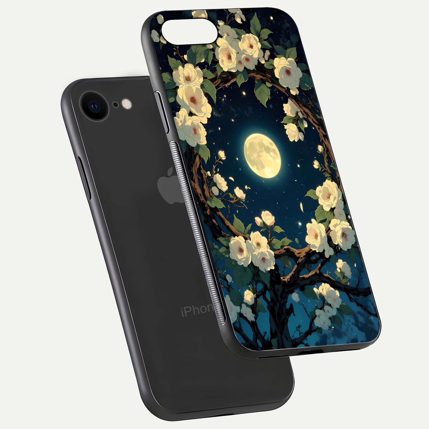 Celestial Moon & Flower Glass Case for iPhone 8 floating mockup emphasizing HD shine and delicate texture