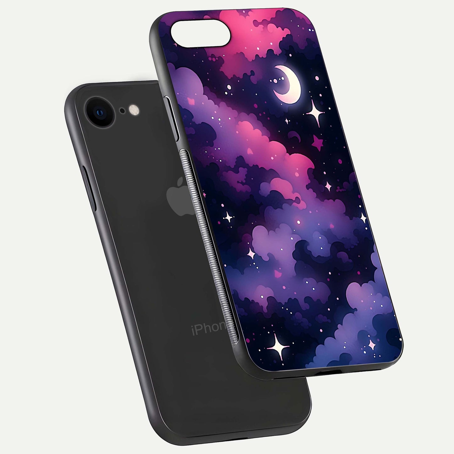 Celestial Moon Magic Glass Case for iPhone 8 floating mockup showing reflection gradient and smooth polish