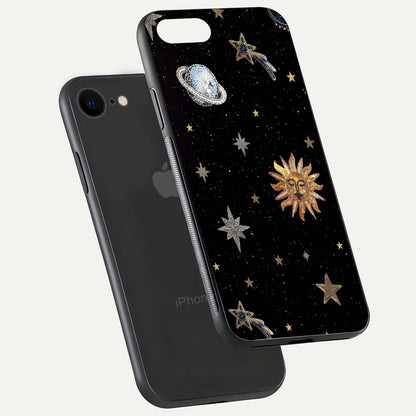 Celestial Moon With Stars Glass Case for iPhone 8 floating mockup emphasizing star depth and gloss clarity