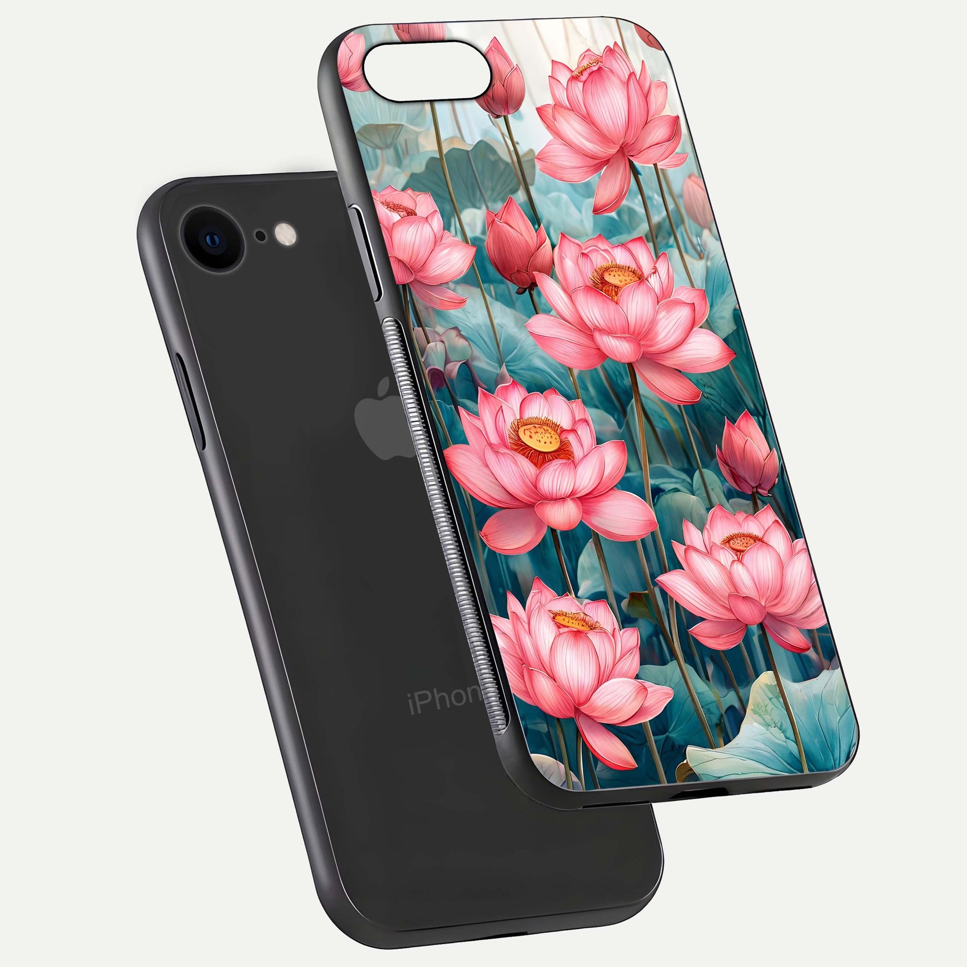 Celestial Pink Lotus Glass Case for iPhone 8 floating mockup displaying cosmic tone and gloss surface