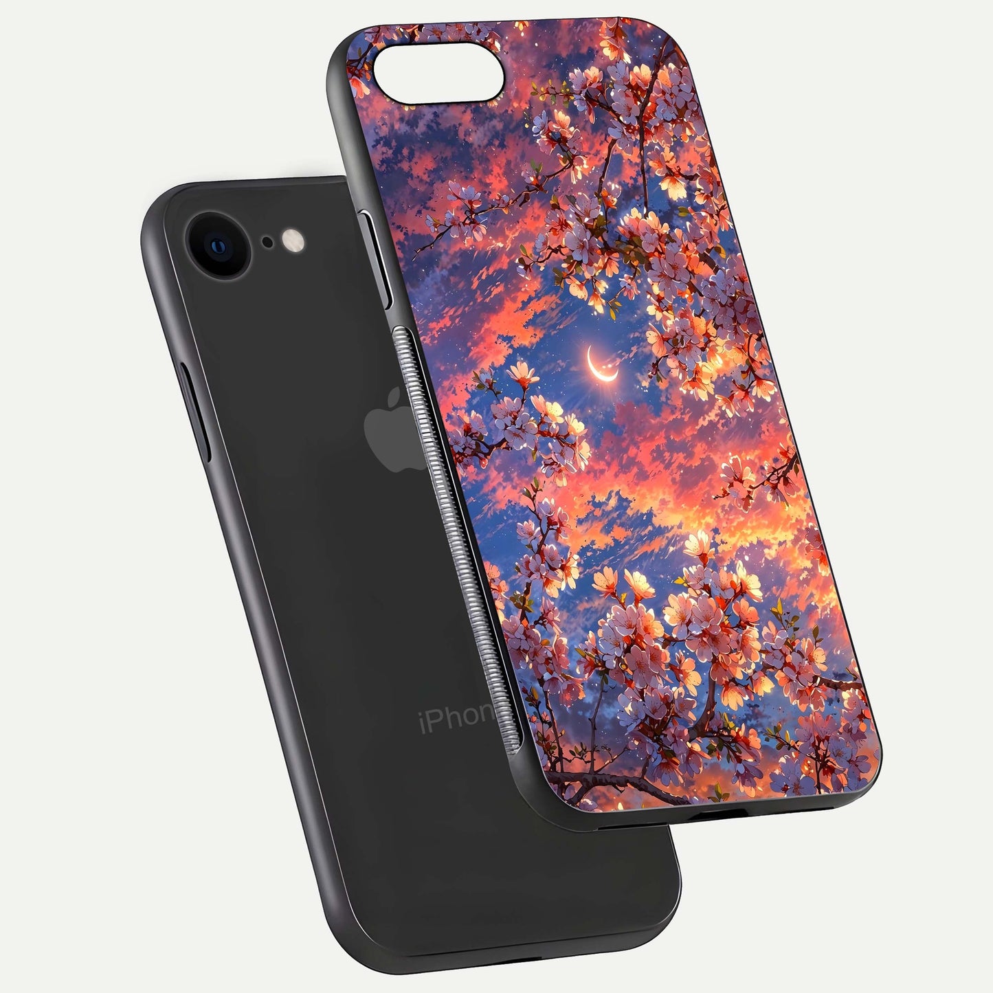 Celestial Sakura Sunset Glass Case for iPhone 8 floating mockup capturing sunset hue and smooth gloss
