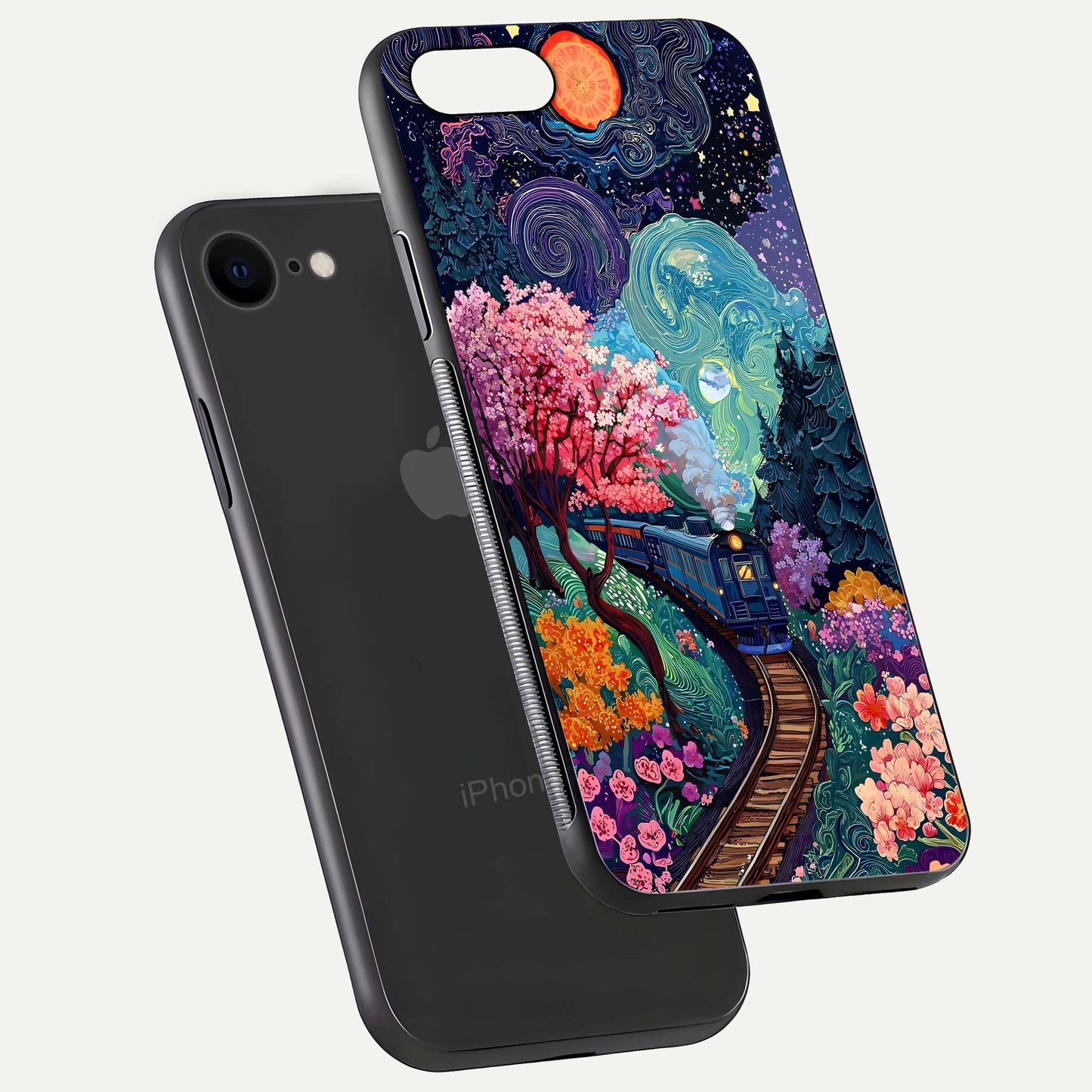 Celestial Train Journey Glass Case for iPhone 8 floating mockup capturing gloss reflection and deep night hues