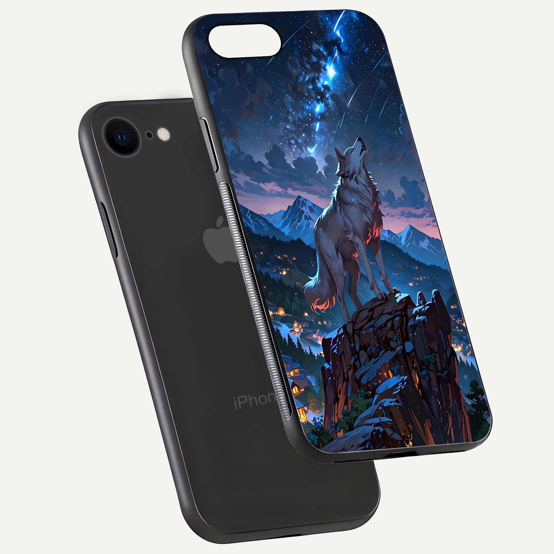 Celestial Wolf Howl Glass Case for iPhone 8 floating mockup capturing reflection depth and silver gloss