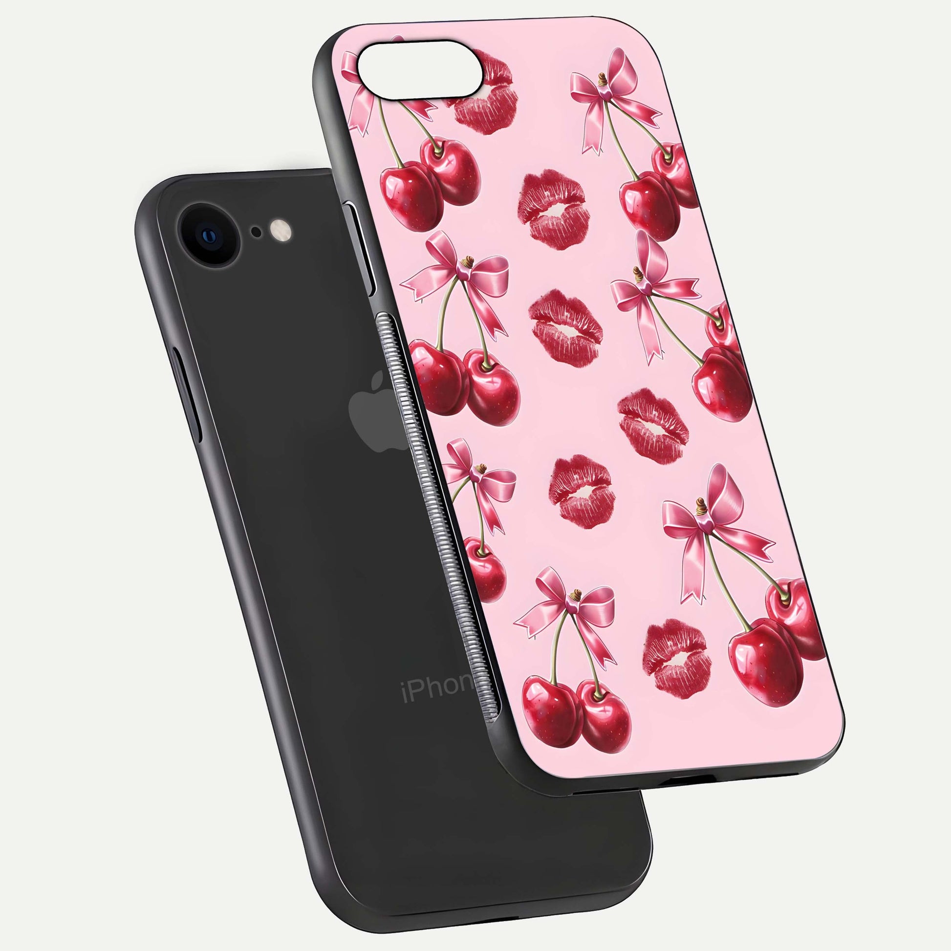 Cherry With Lips Glass Case for iPhone 8 floating mockup showing HD gloss and pop-art inspired tones