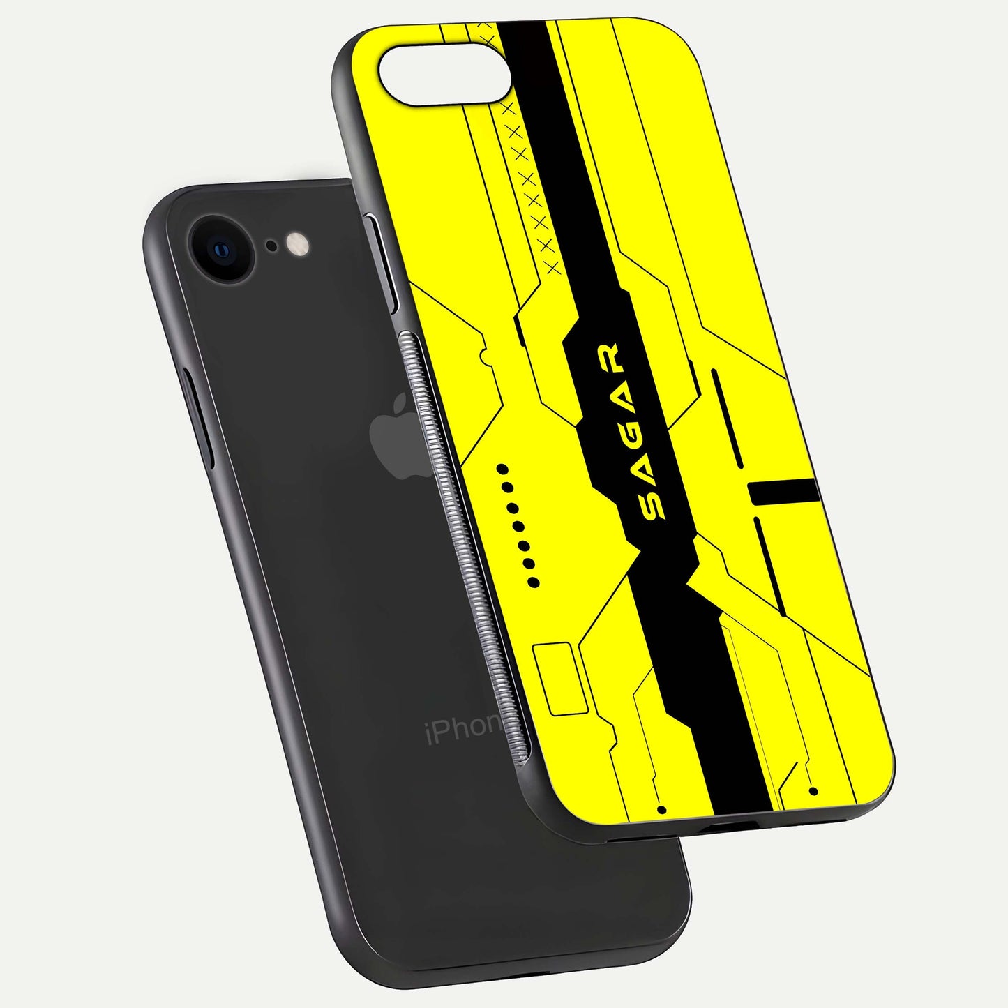Circuit CYBERPUNK Custom Name Glass Case for iPhone 8 floating mockup capturing glow effects and polished shine
