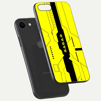 Circuit CYBERPUNK Custom Name Glass Case for iPhone 8 floating mockup capturing glow effects and polished shine