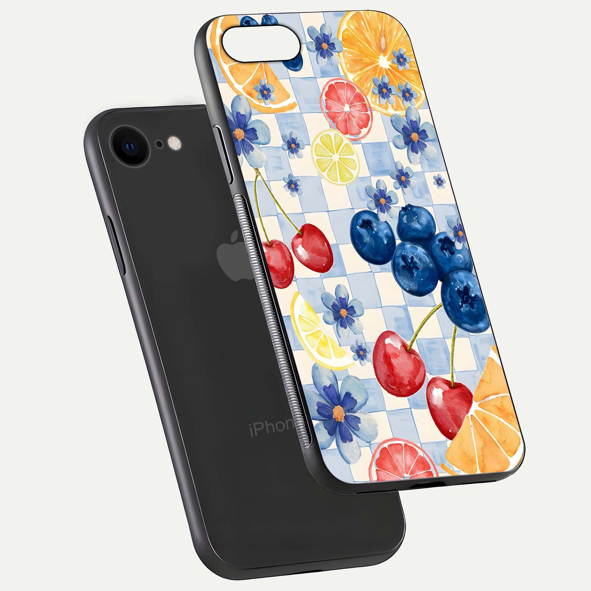 Citrus Bloom Joy Glass Case for iPhone 8 floating mockup showing HD gloss and lively tone