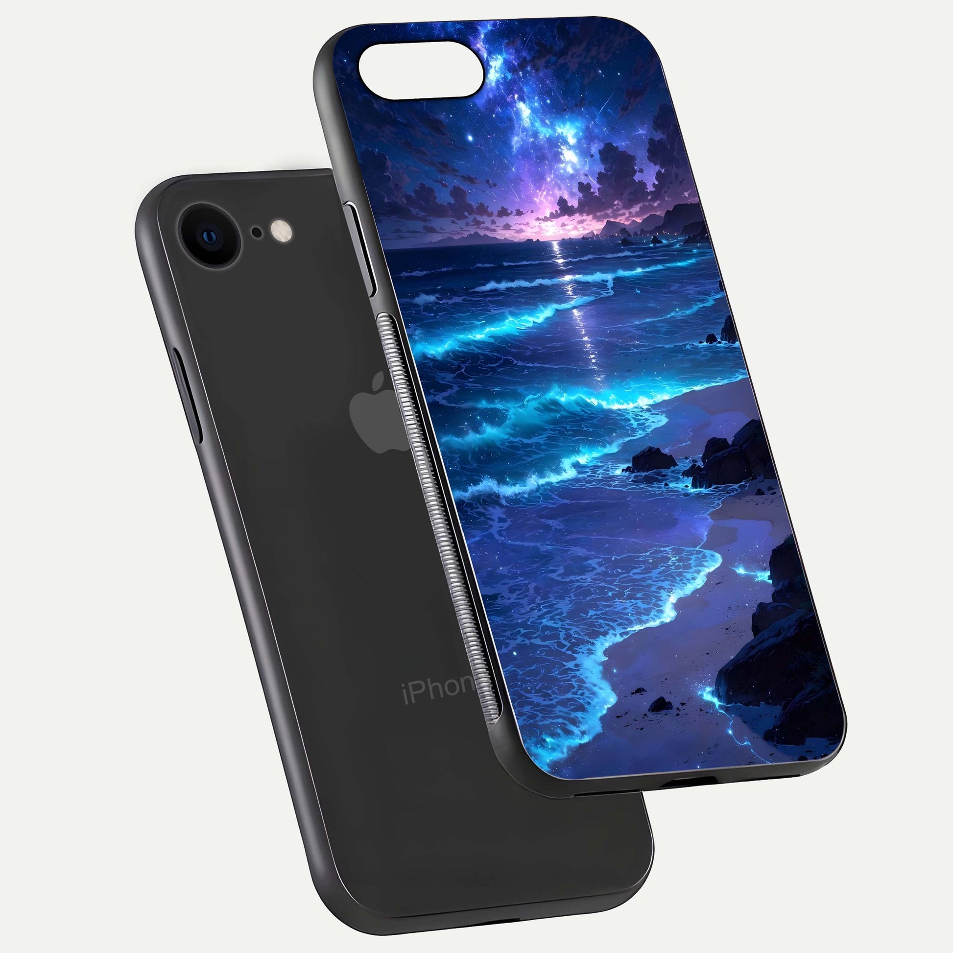 Classic Damn Look Glass Case for iPhone 8 floating mockup emphasizing HD gloss and stylish edges