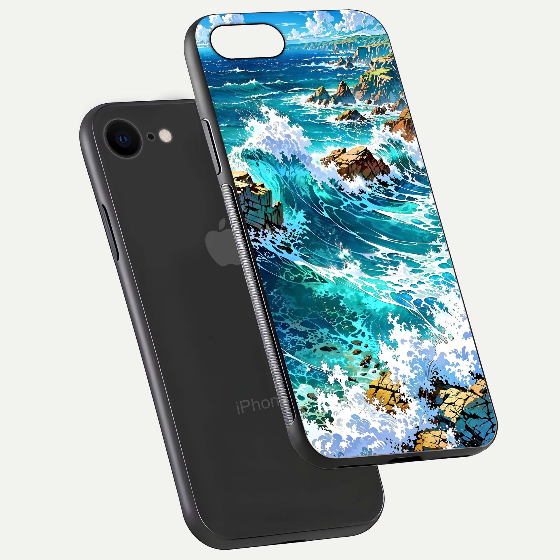 Coastal Blue Waves Glass Case for iPhone 8 floating mockup showing HD reflection and wave details