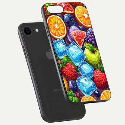 Colorful Fruits with Ice Glass Case for iPhone 8 floating mockup showing bright shine and crystal clarity