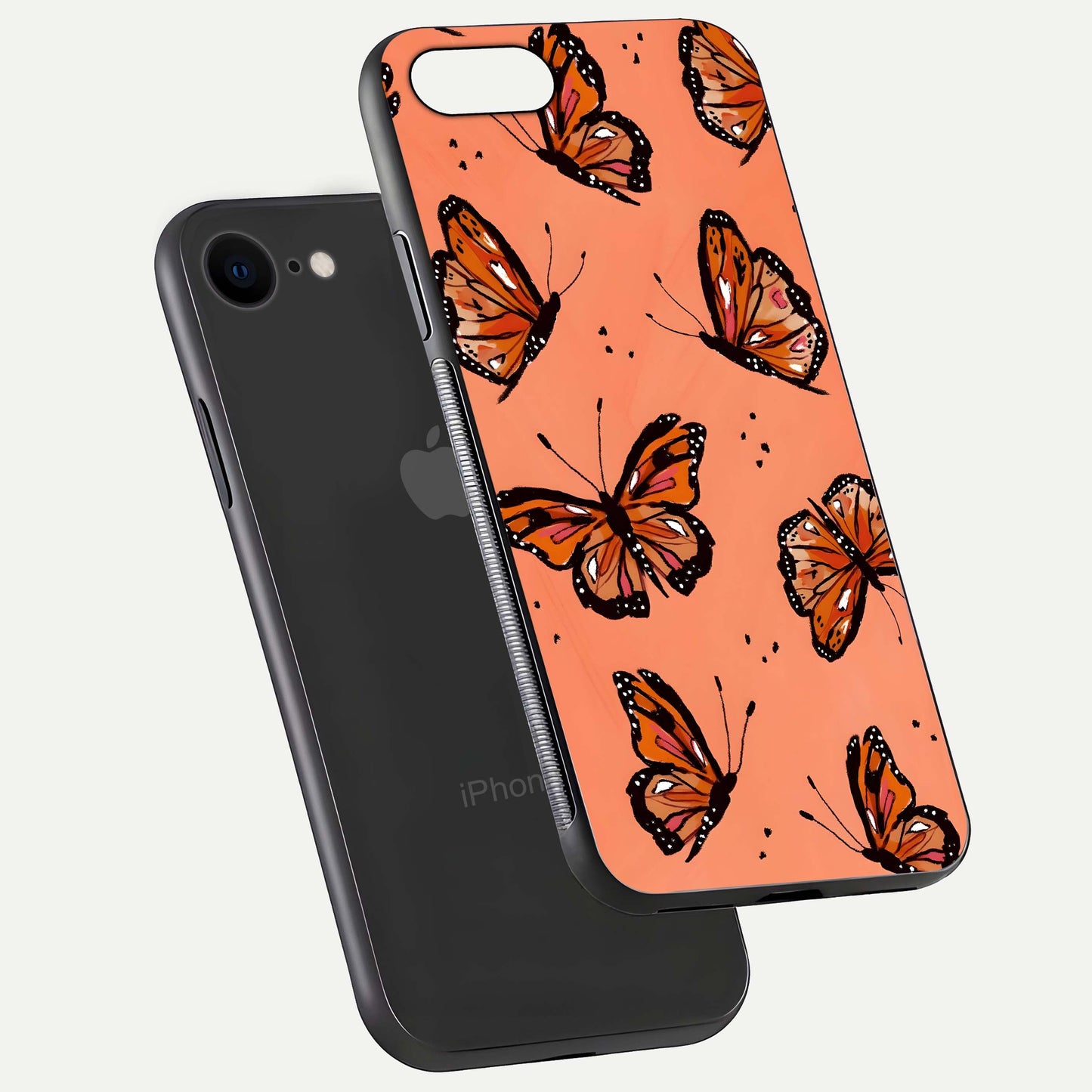 Coral Wing Butterfly Glass Case for iPhone 8 floating mockup showing HD gloss texture and vivid coral color