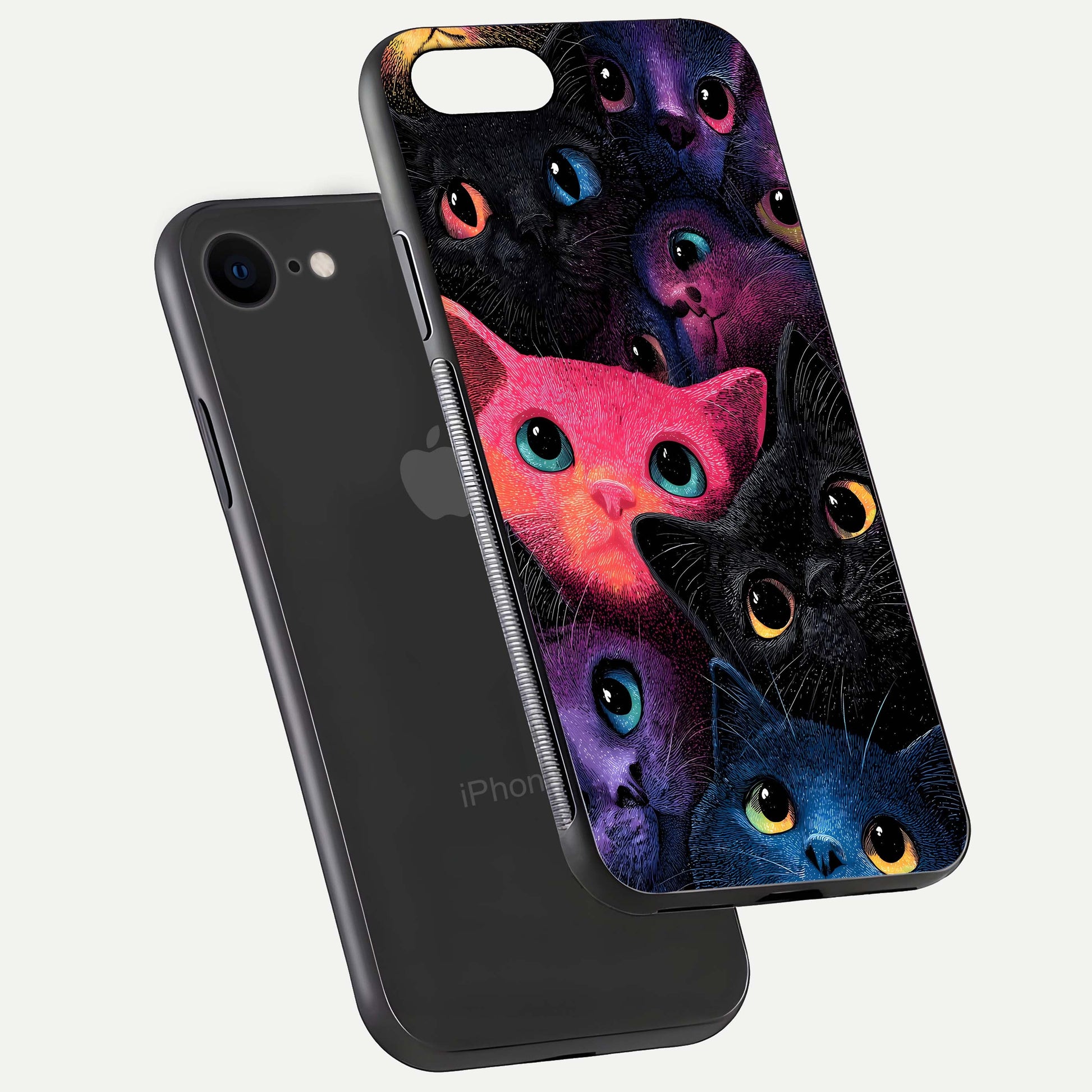 Cosmic Cats Dreams Glass Case for iPhone 8 floating mockup showing star details and polish reflection