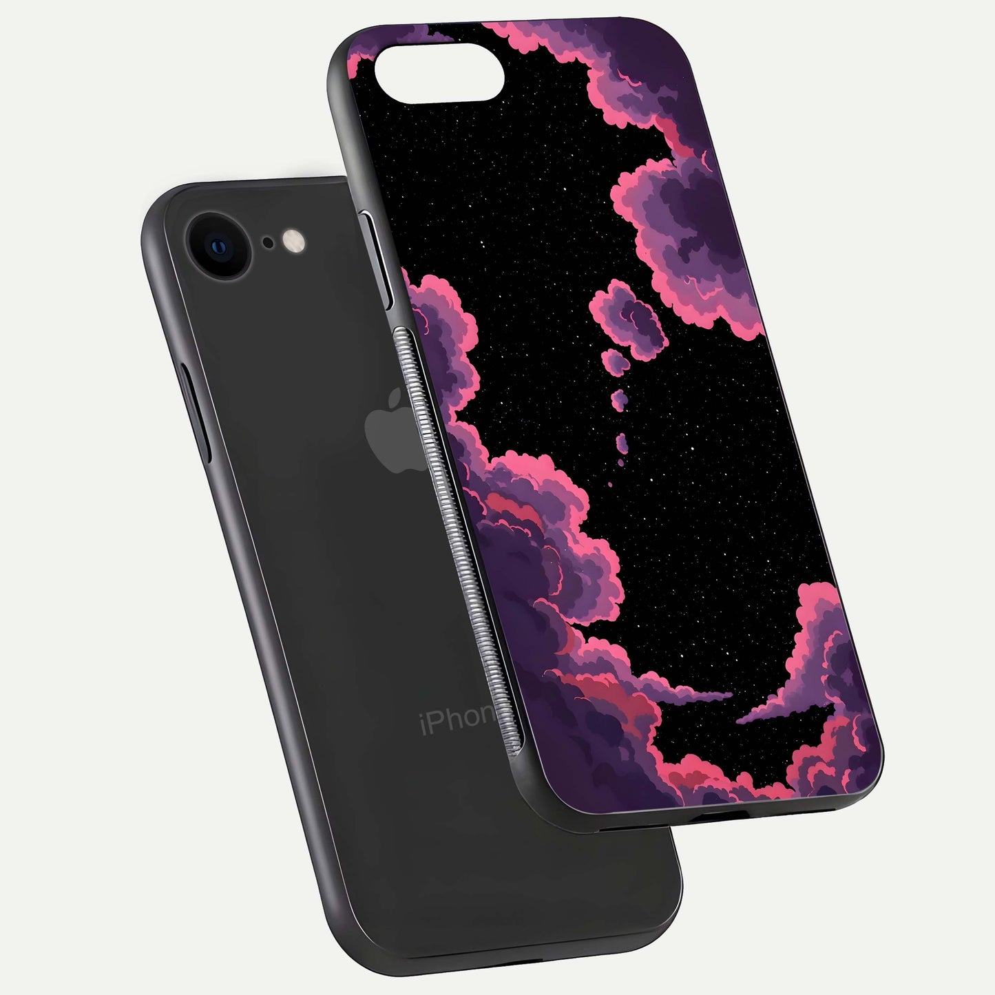 Cosmic Cloud Journey Glass Case for iPhone 8 floating mockup showing HD gloss and cosmic gradient