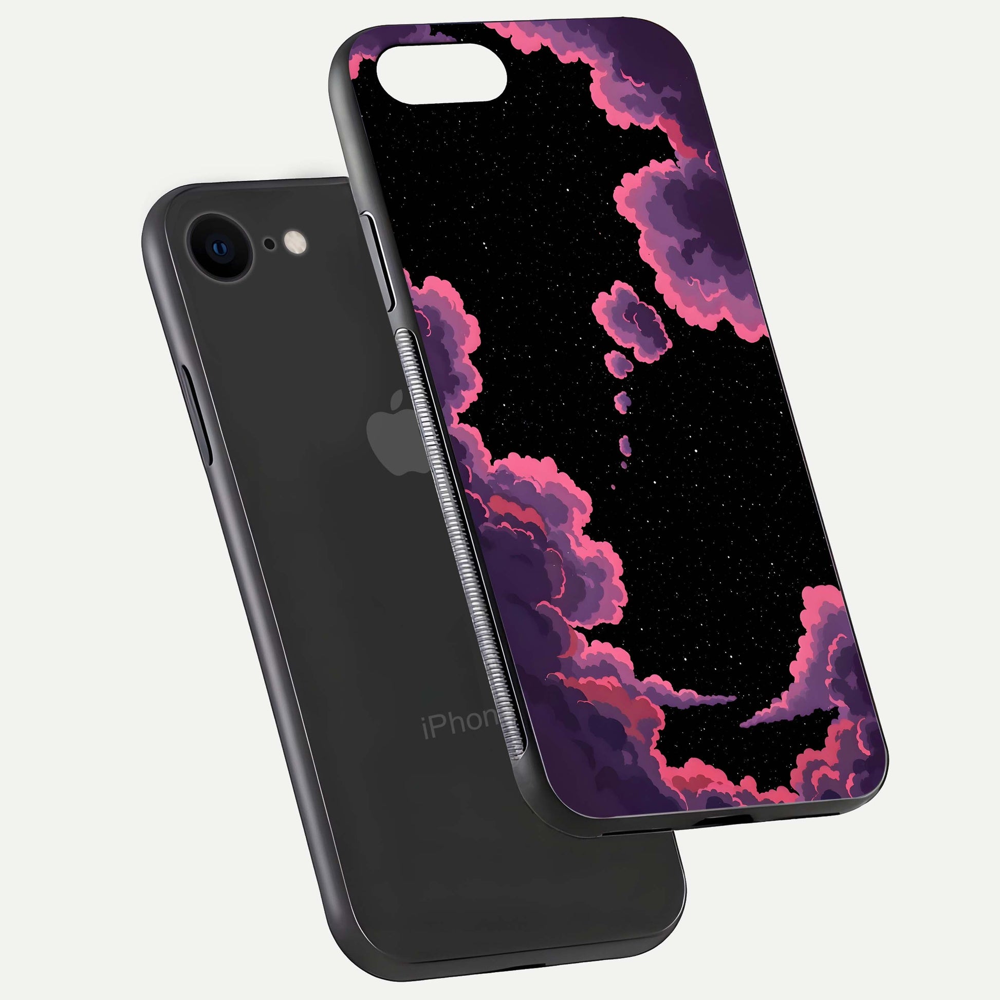 Cosmic Cloud Journey Glass Case for iPhone 8 floating mockup showing HD gloss and cosmic gradient