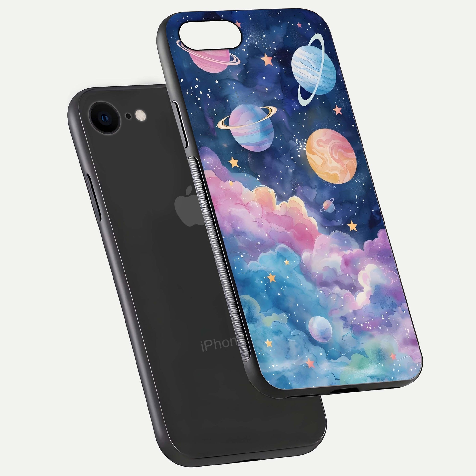 Cosmic Planet Dreams Glass Case for iPhone 8 floating mockup showing HD gloss and cosmic reflection