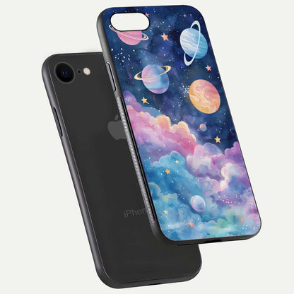 Cosmic Planet Dreams Glass Case for iPhone 8 floating mockup showing HD gloss and cosmic reflection