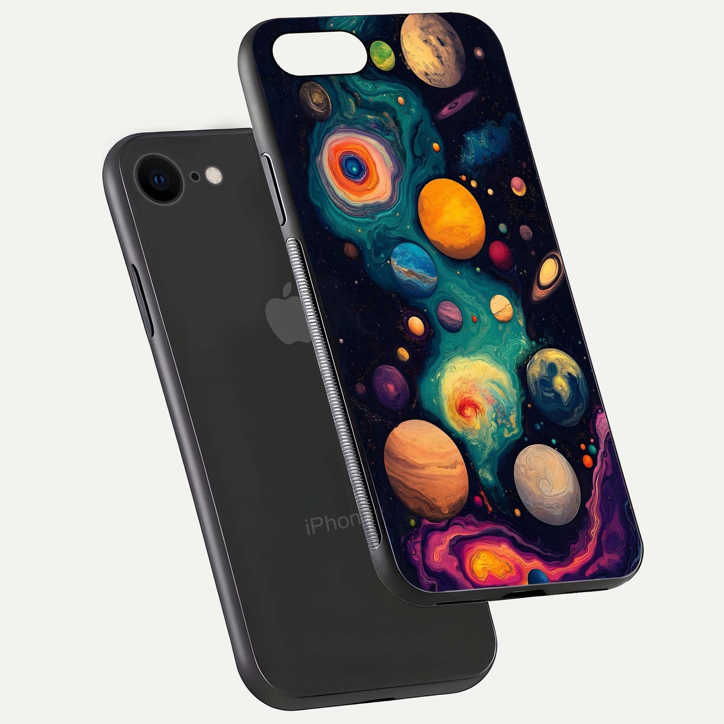 Cosmic Planet Journey Glass Case for iPhone 8 floating mockup showing gloss gradient and deep shine