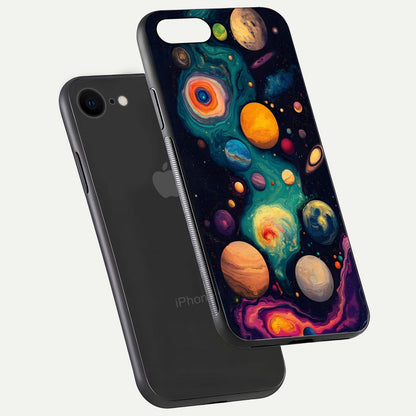 Cosmic Planet Journey Glass Case for iPhone 8 floating mockup showing gloss gradient and deep shine