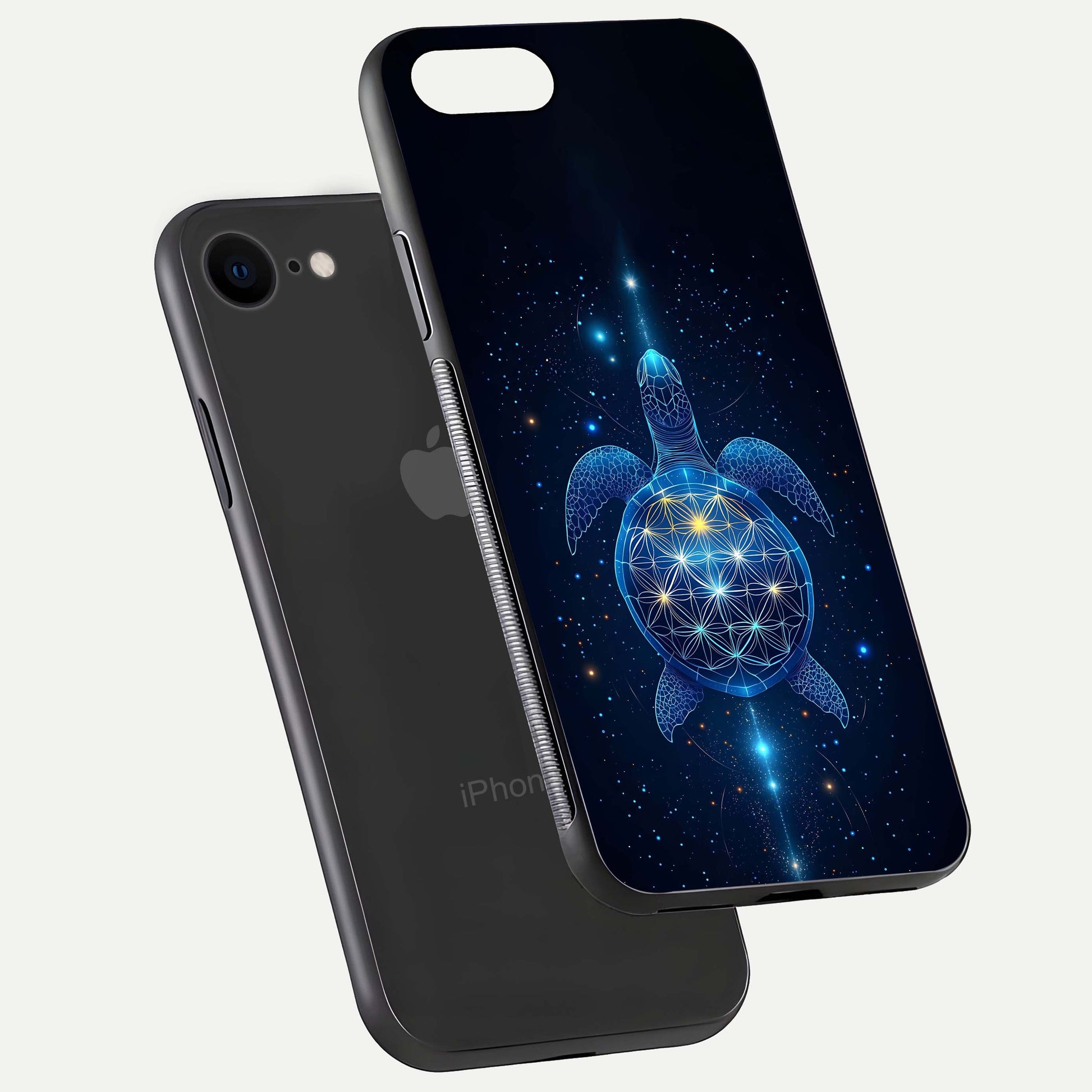 Crimson Blue Turtle Glass Case for iPhone 8 floating mockup showing reflection polish and deep hues