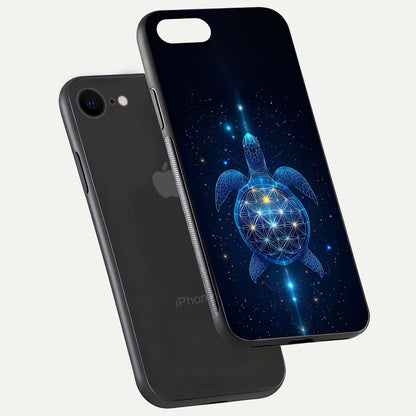 Crimson Blue Turtle Glass Case for iPhone 8 floating mockup showing reflection polish and deep hues