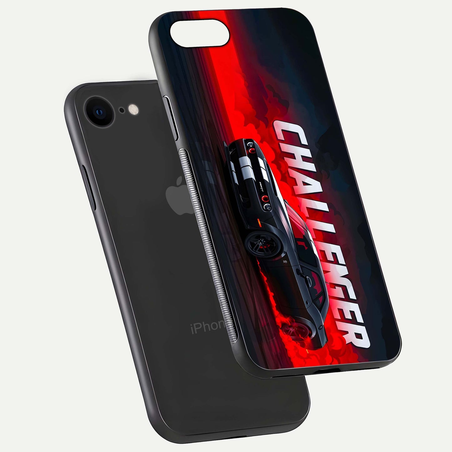 Crimson Challenger Fury Glass Case for iPhone 8 floating mockup showing HD gloss and sleek shine