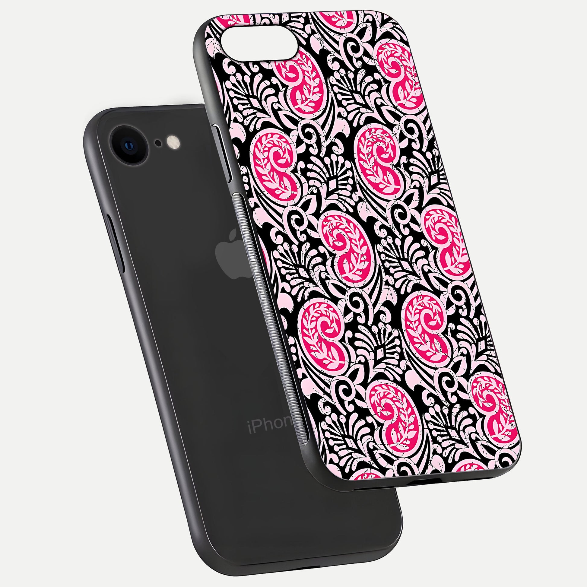 Crimson Paisley Charm Glass Case for iPhone 8 floating mockup showing gloss shine and texture clarity