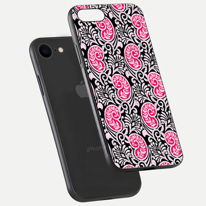 Crimson Paisley Charm Glass Case for iPhone 8 floating mockup showing gloss shine and texture clarity