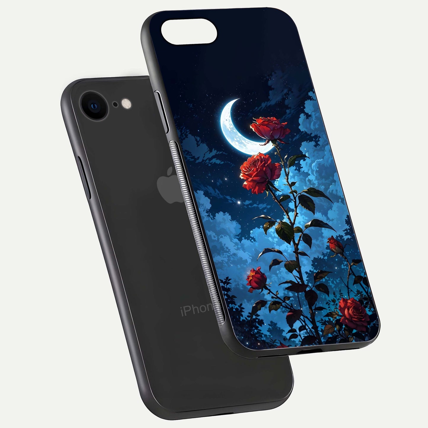 Crimson Rose Moon Glass Case for iPhone 8 floating mockup showing HD shine and elegant contrast
