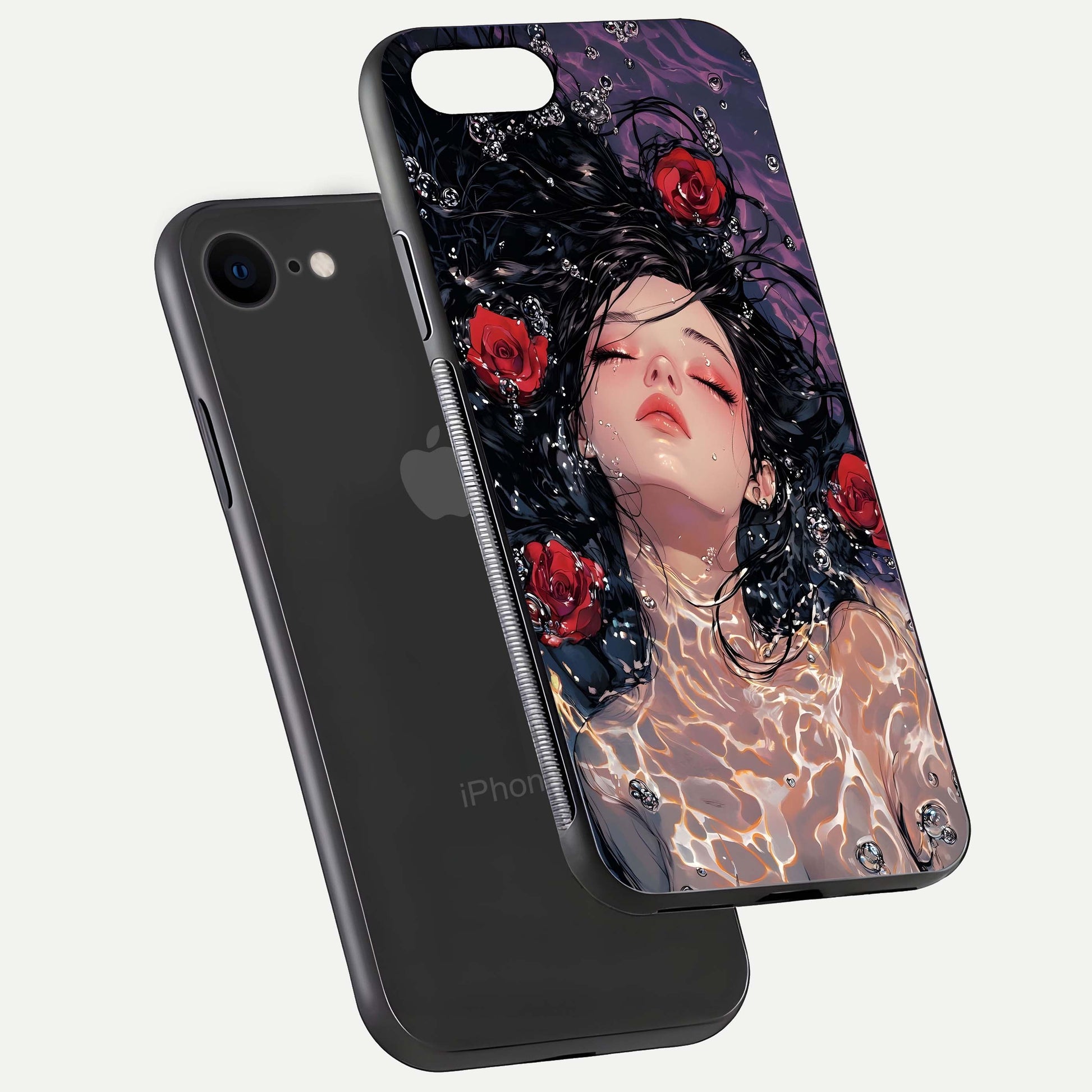 Crimson Rose Serenity Glass Case for iPhone 8 floating mockup showing HD gloss and floral texture