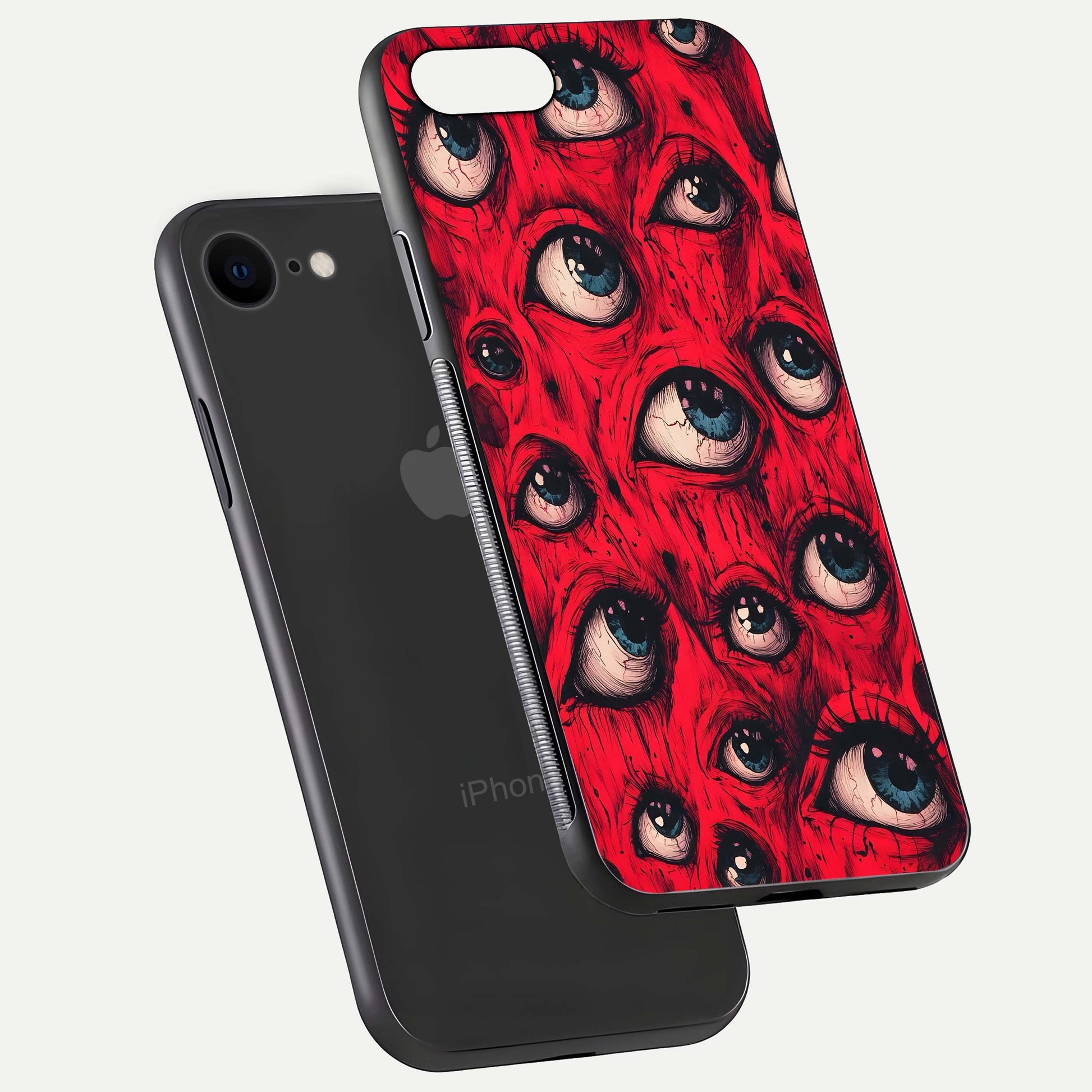 Crimson Watch Eyes Glass Case for iPhone 8 floating mockup showing HD polish and bright gloss