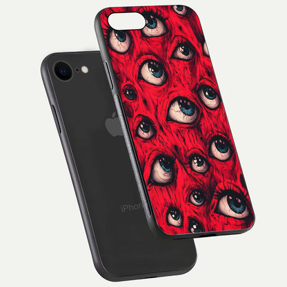 Crimson Watch Eyes Glass Case for iPhone 8 floating mockup showing HD polish and bright gloss