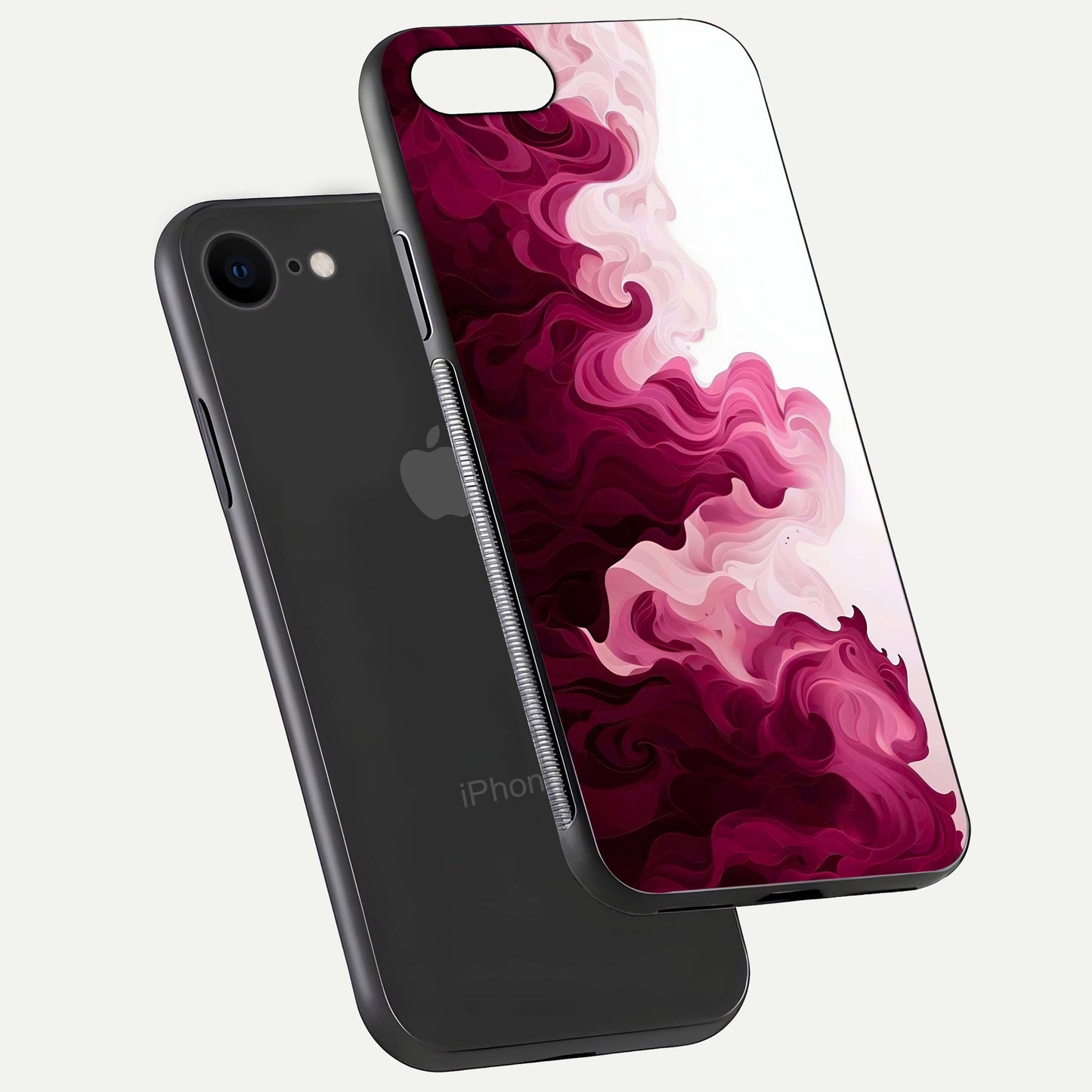 Crimson Wave Flow Glass Case for iPhone 8 floating mockup showing gloss shine and smooth edge