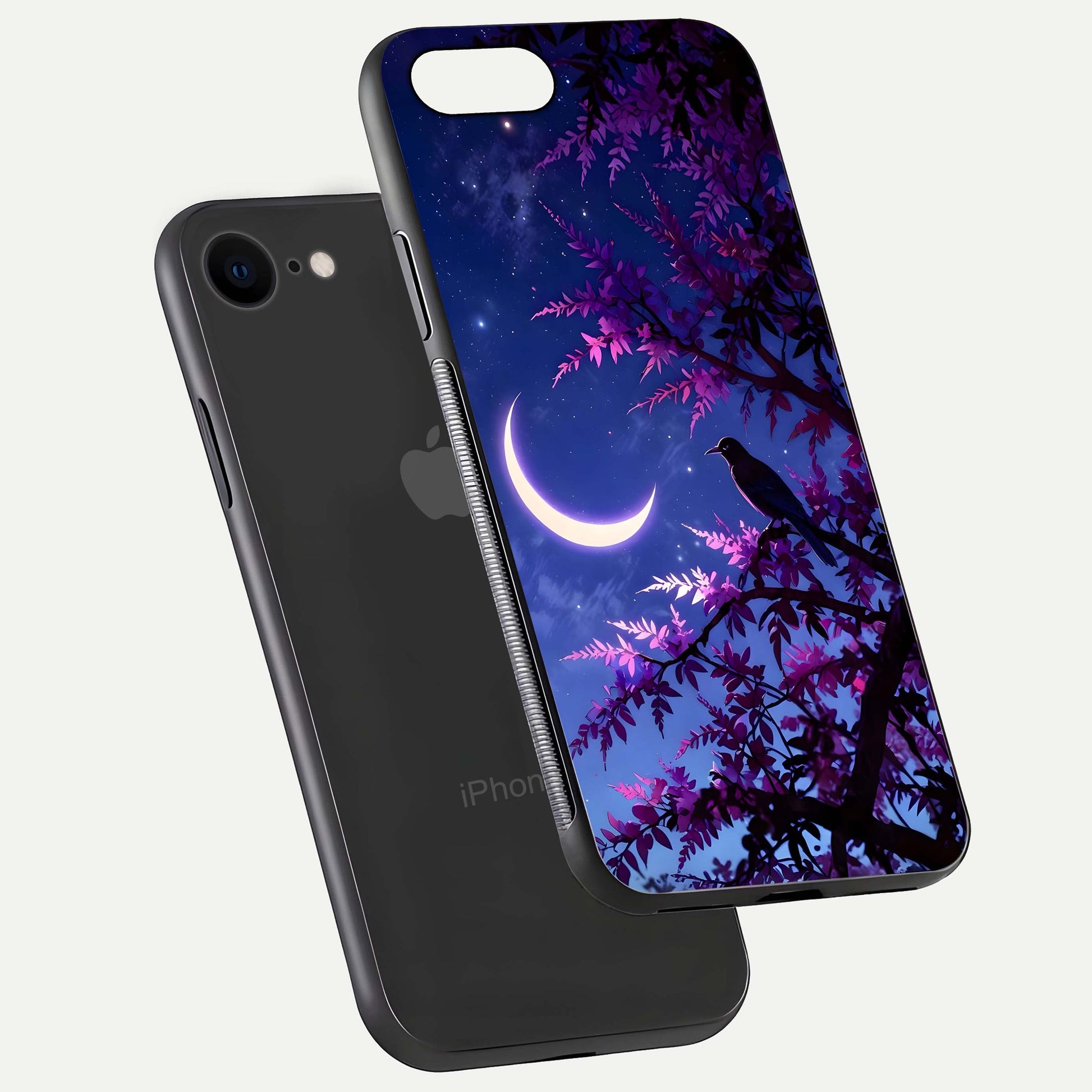 Crow & Moon Scenery Glass Case for iPhone 8 floating mockup showing HD gloss texture and soft moonlight glow