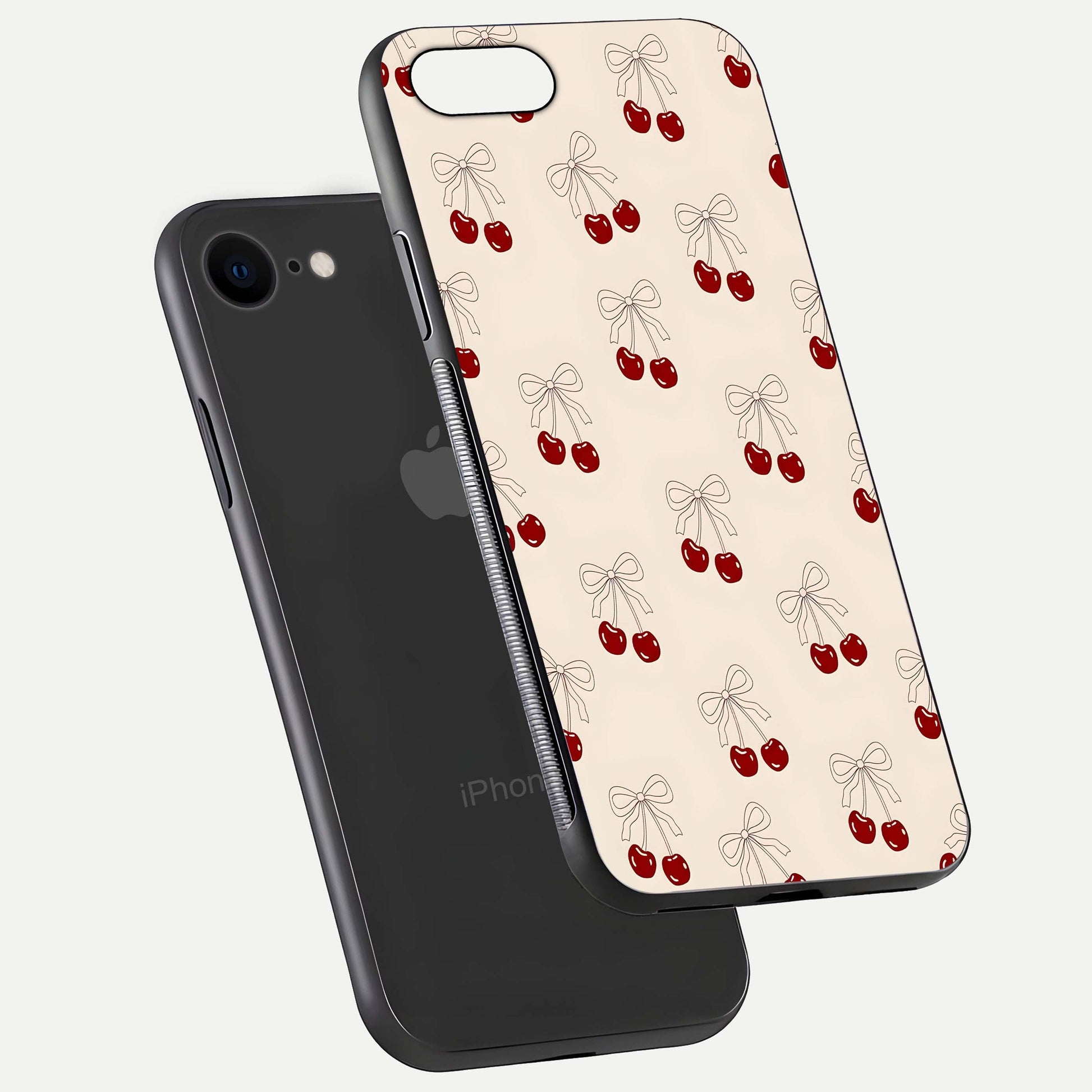 Cute Cherry Pattern Glass Case for iPhone 8 floating mockup showing HD gloss shine and clear tones