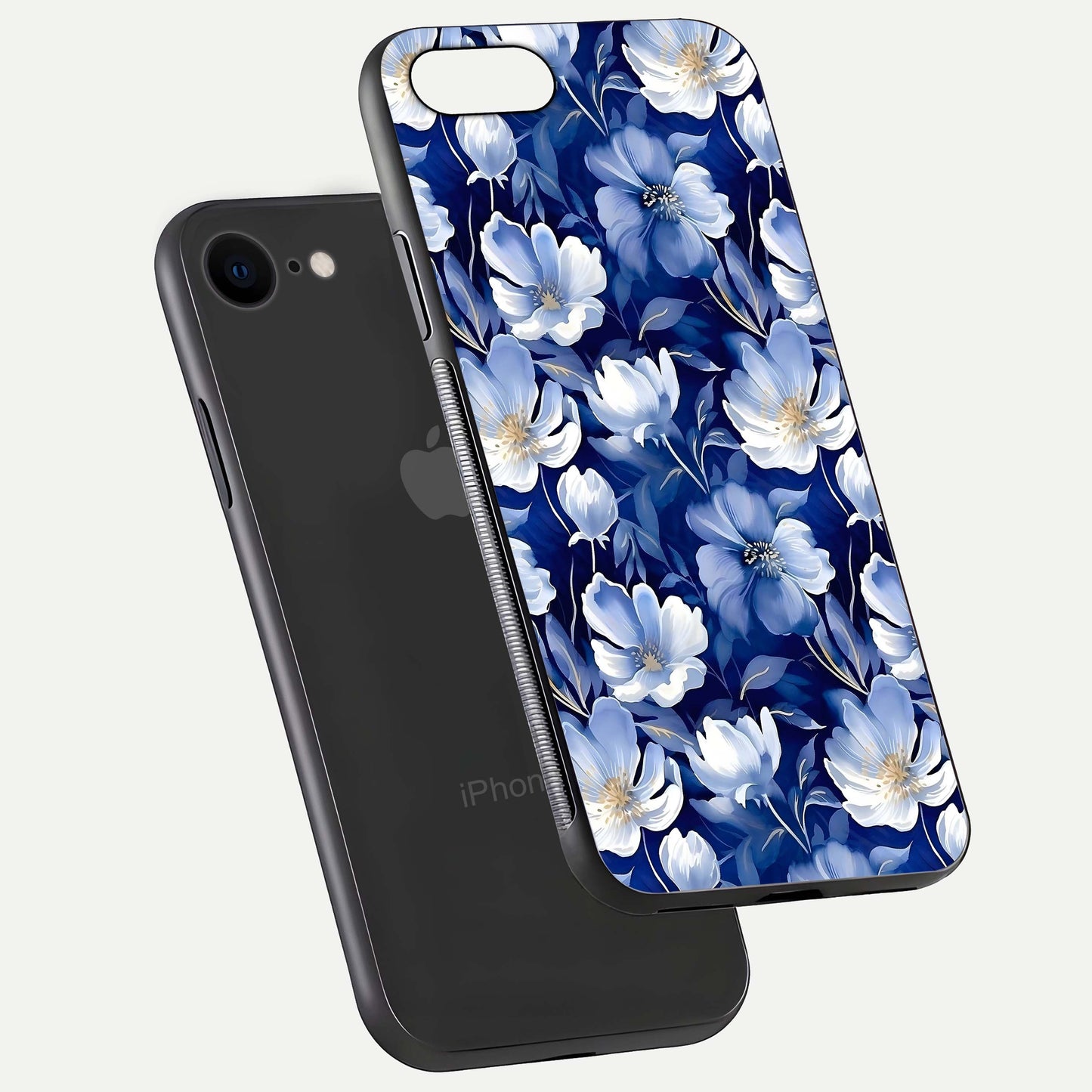 Cute Floral Patterns Glass Case for iPhone 8 floating mockup showing shine depth and design clarity