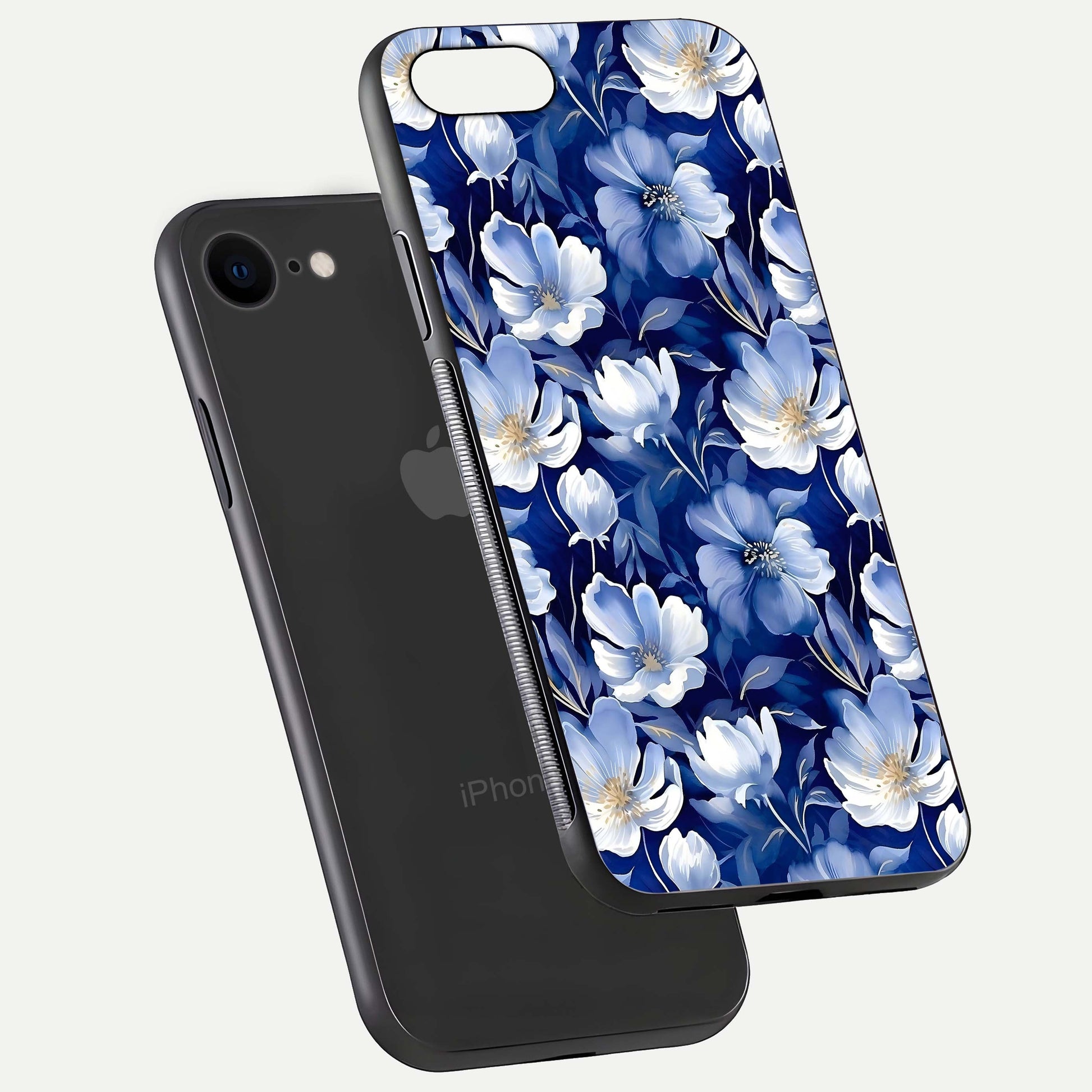 Cute Floral Patterns Glass Case for iPhone 8 floating mockup showing shine depth and design clarity